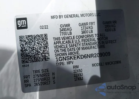 2022 Chevrolet Suburban 4Wd Rst from USA, damaged, VIN 1GNSKEKD6NR209009